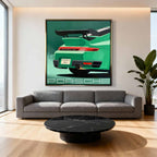 Obraz na płótnie Porsche 911 w zielonym kolorze z tablicą „Dream Big” – sztuka z kultowym sportowym samochodem, idealna do biura lub garażu pasjonata.