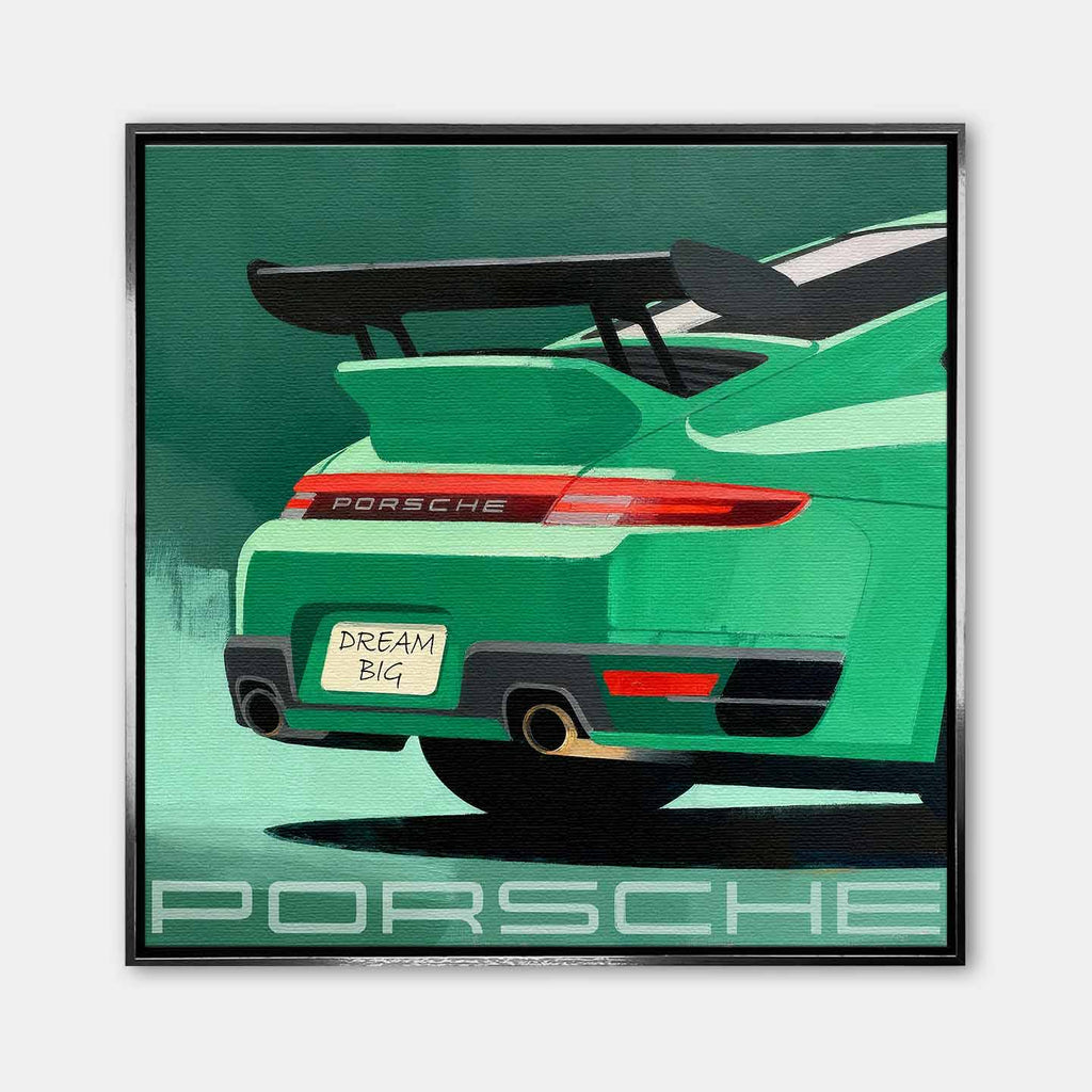Obraz na płótnie Porsche 911 w zielonym kolorze z tablicą „Dream Big” – sztuka z kultowym sportowym samochodem, idealna do biura lub garażu pasjonata.
