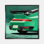 Obraz na płótnie Porsche 911 w zielonym kolorze z tablicą „Dream Big” – sztuka z kultowym sportowym samochodem, idealna do biura lub garażu pasjonata.