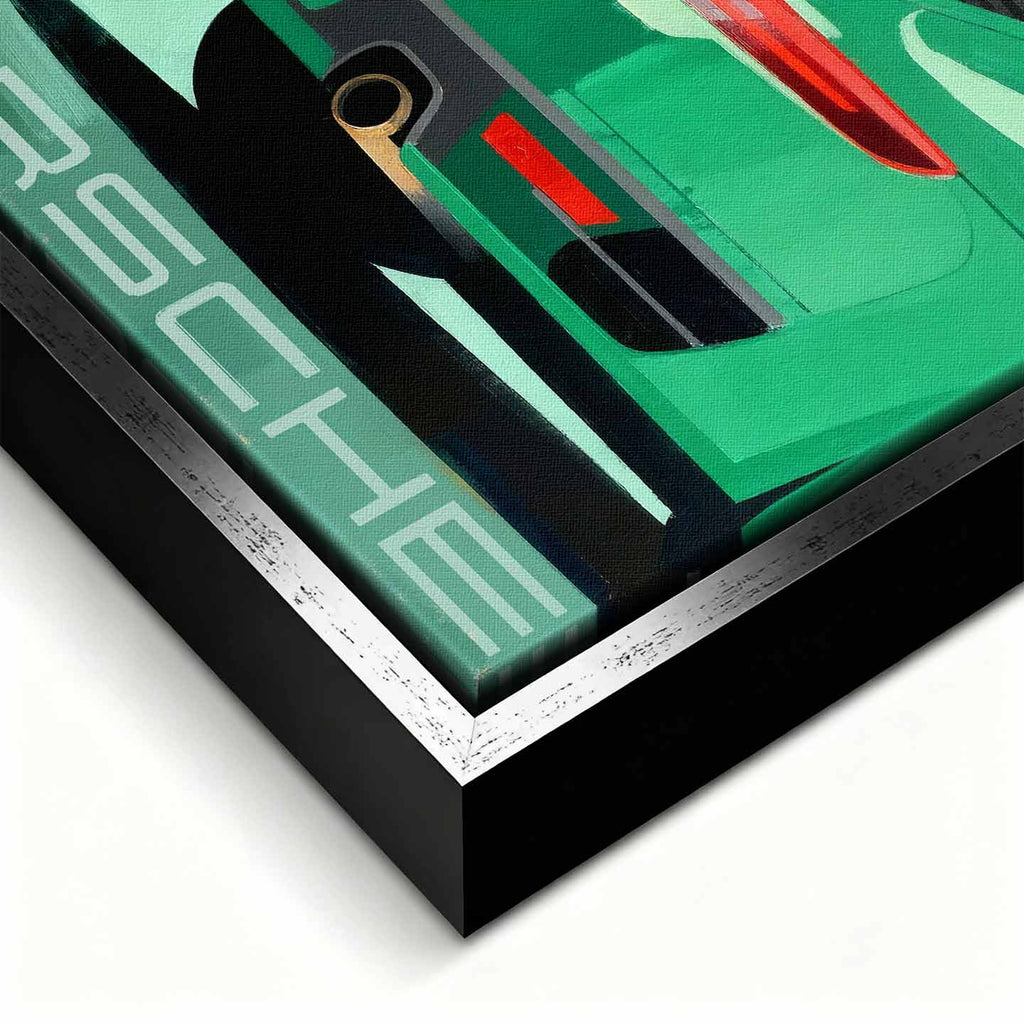 Obraz na płótnie Porsche 911 w zielonym kolorze z tablicą „Dream Big” – sztuka z kultowym sportowym samochodem, idealna do biura lub garażu pasjonata.