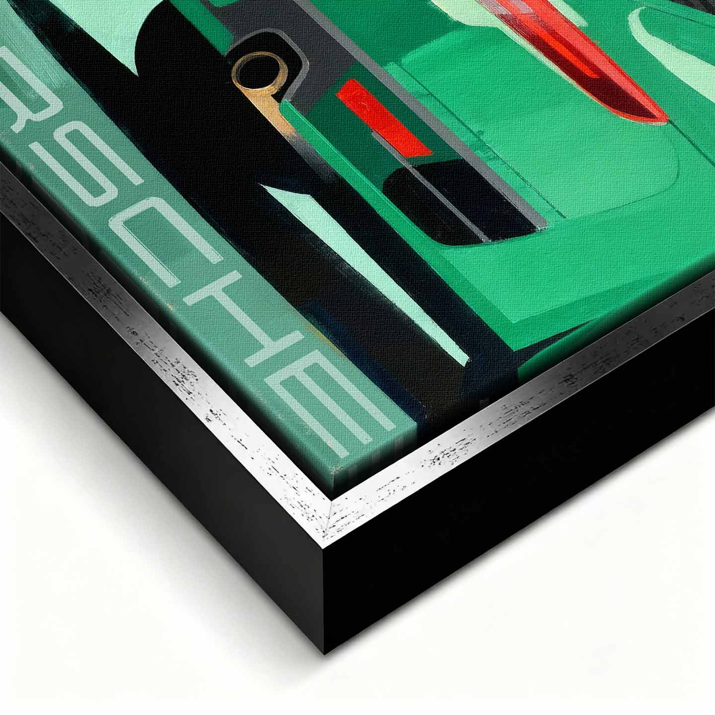 Obraz na płótnie Porsche 911 w zielonym kolorze z tablicą „Dream Big” – sztuka z kultowym sportowym samochodem, idealna do biura lub garażu pasjonata.