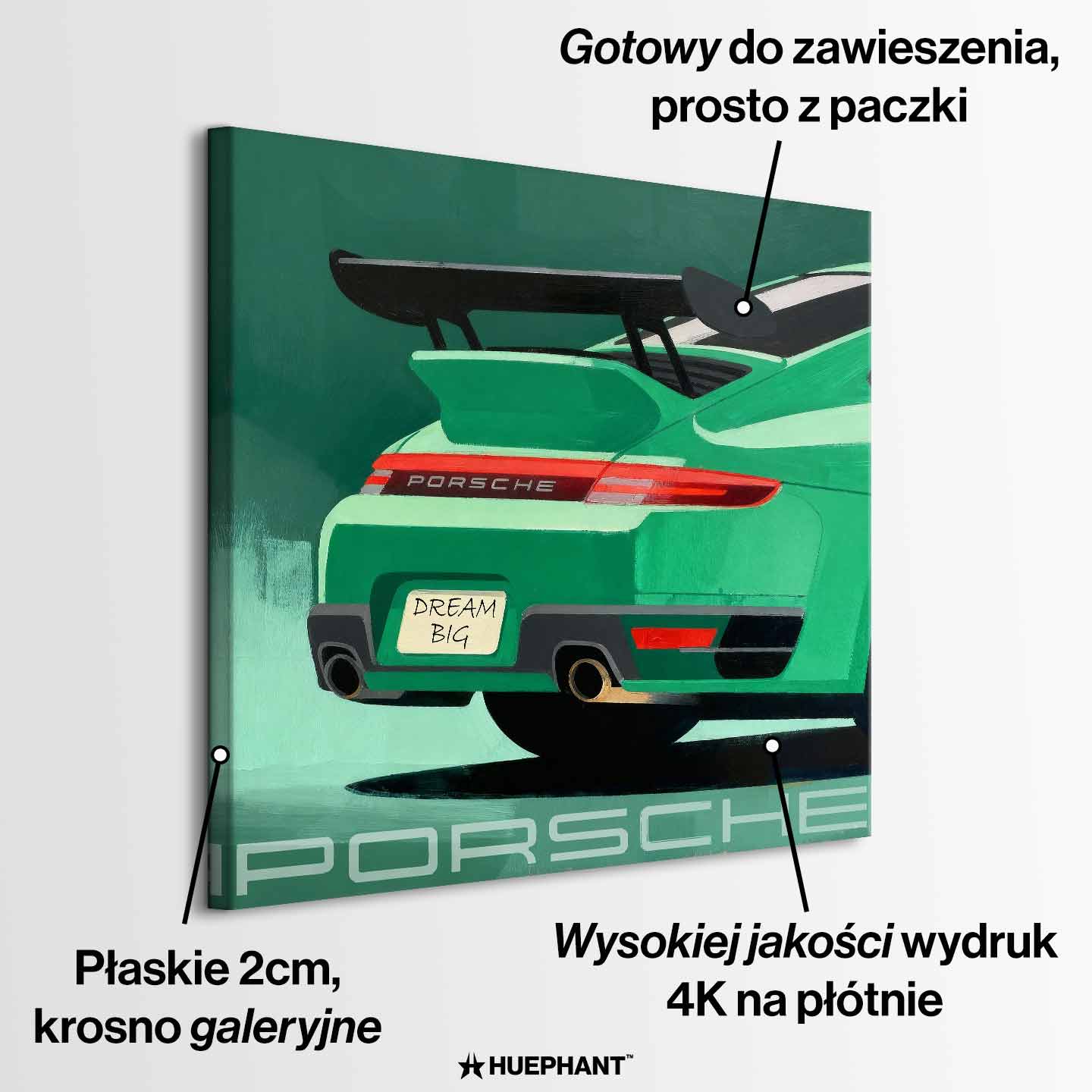 Obraz na płótnie Porsche 911 w zielonym kolorze z tablicą „Dream Big” – sztuka z kultowym sportowym samochodem, idealna do biura lub garażu pasjonata.