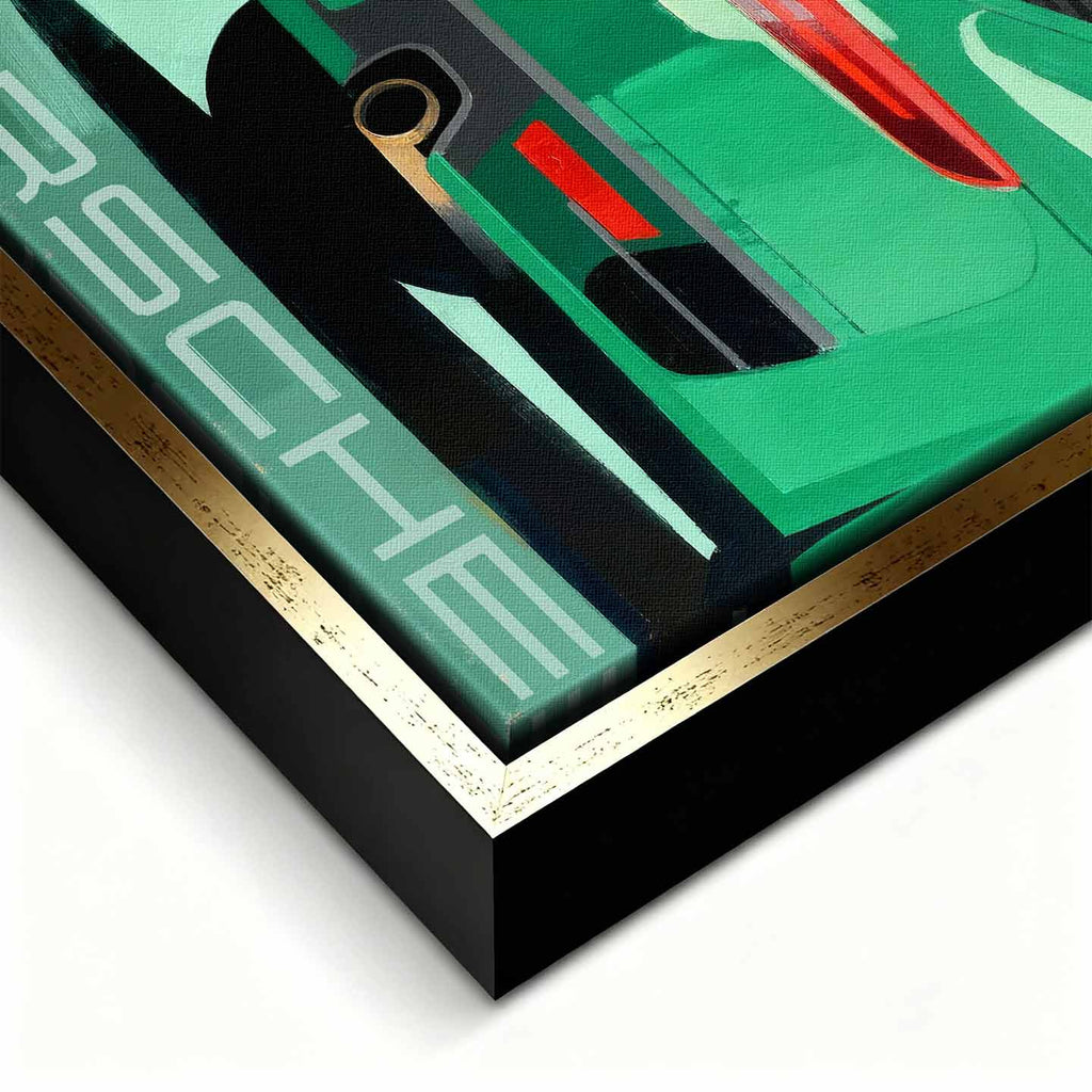 Obraz na płótnie Porsche 911 w zielonym kolorze z tablicą „Dream Big” – sztuka z kultowym sportowym samochodem, idealna do biura lub garażu pasjonata.