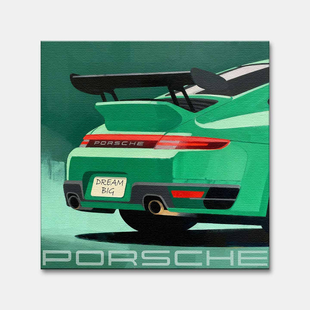 Obraz na płótnie Porsche 911 w zielonym kolorze z tablicą „Dream Big” – sztuka z kultowym sportowym samochodem, idealna do biura lub garażu pasjonata.
