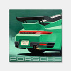 Obraz na płótnie Porsche 911 w zielonym kolorze z tablicą „Dream Big” – sztuka z kultowym sportowym samochodem, idealna do biura lub garażu pasjonata.