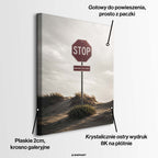 Obraz na płótnie przedstawiający czerwony znak drogowy STOP z dopiskiem MAKING EXCUSES na tle piaszczystych wydm pustynnych.