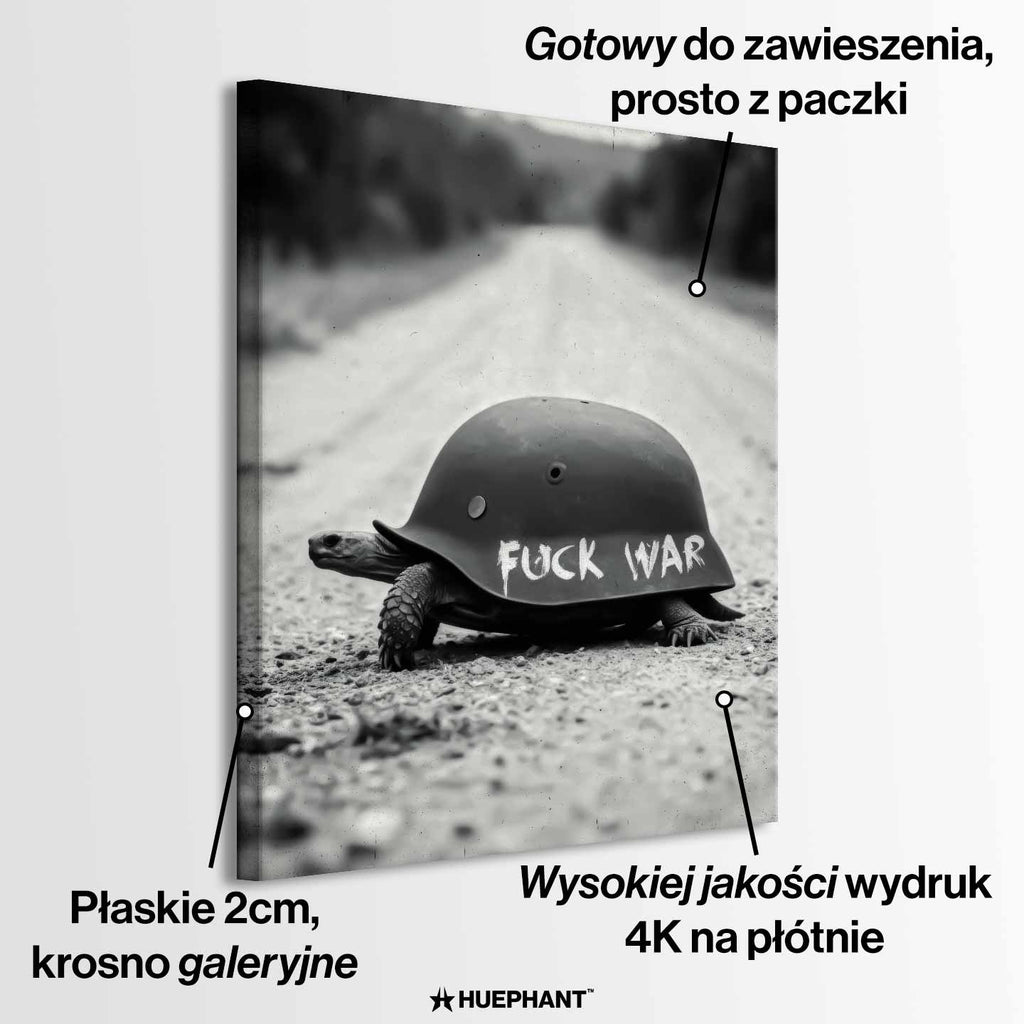 Obraz na płótnie F*ck War – czarno-biała grafika żółwia z hełmem wojskowym z napisem „Fuck War”, symbol wolności i sprzeciwu wobec przemocy.
