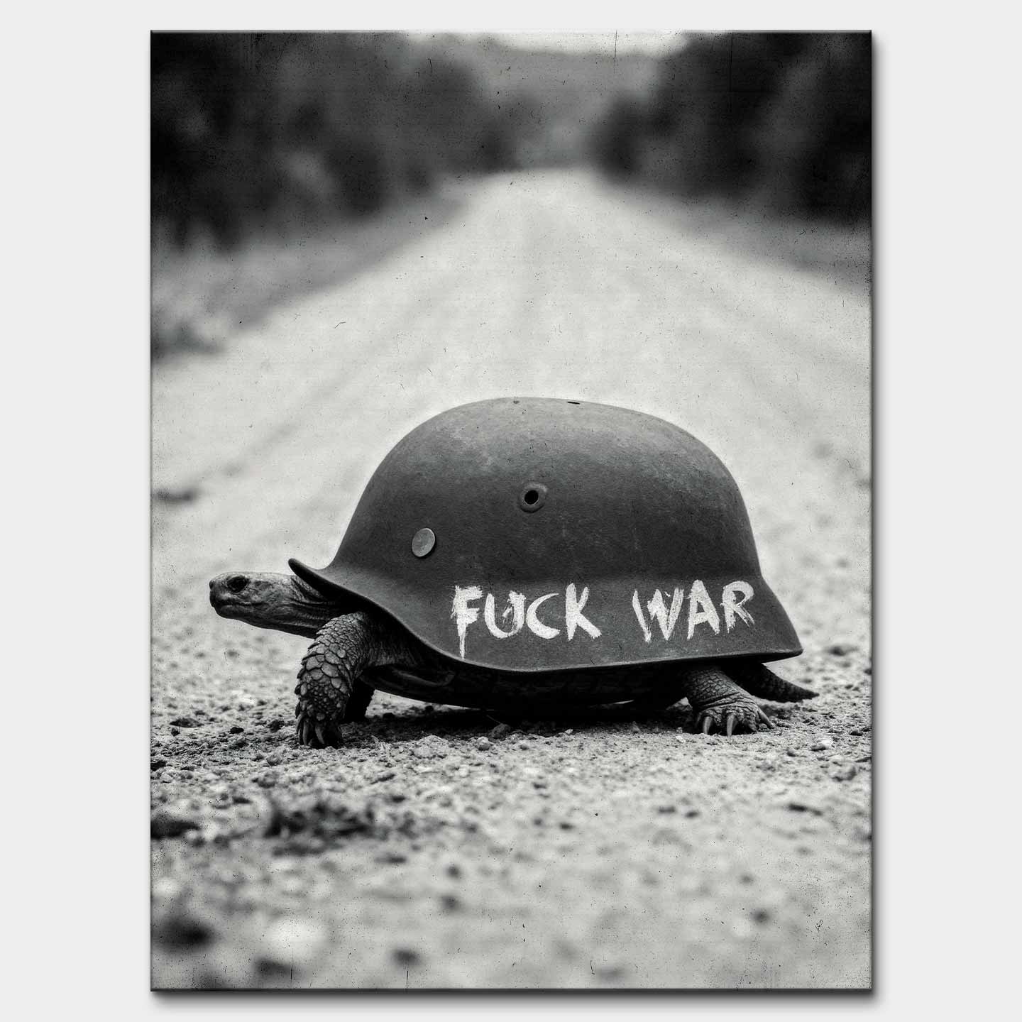 Obraz na płótnie F*ck War – czarno-biała grafika żółwia z hełmem wojskowym z napisem „Fuck War”, symbol wolności i sprzeciwu wobec przemocy.