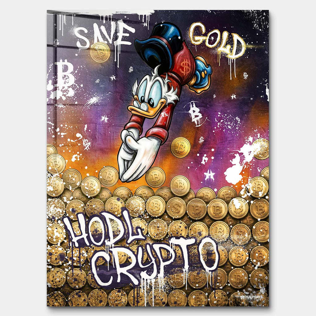 Obraz na szkle akrylowym Save Gold Hodl Crypto, street art z kaczą postacią, złotymi monetami kryptowalut i graffiti w fioletowo-złotej kolorystyce.