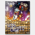Obraz na szkle akrylowym Save Gold Hodl Crypto, street art z kaczą postacią, złotymi monetami kryptowalut i graffiti w fioletowo-złotej kolorystyce.