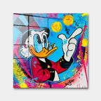 Obraz na szkle akrylowym Blue Duck z komiksową kaczą postacią, monetami i kolorowym tłem w stylu pop-art, nowoczesny wydruk galeryjny.
