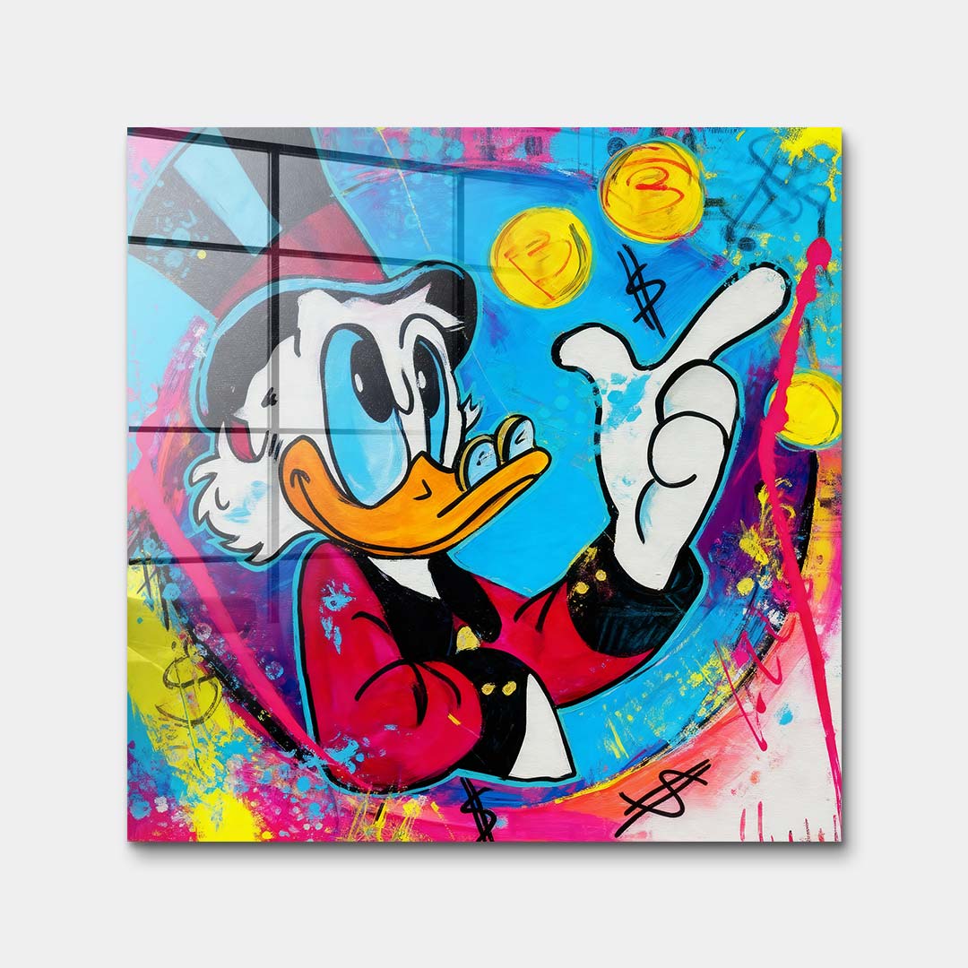 Obraz na szkle akrylowym Blue Duck z komiksową kaczą postacią, monetami i kolorowym tłem w stylu pop-art, nowoczesny wydruk galeryjny.
