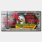 Obraz na szkle akrylowym z animowaną kaczką w wannie pełnej złotych monet i banknotów, nowoczesny wydruk galeryjny w stylu pop art.