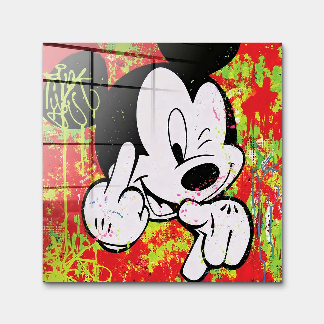 Obraz na szkle akrylowym Love You z ikoniczną myszką na czerwono-zielonym tle, kolorowy wydruk galeryjny w stylu pop-art i street art.