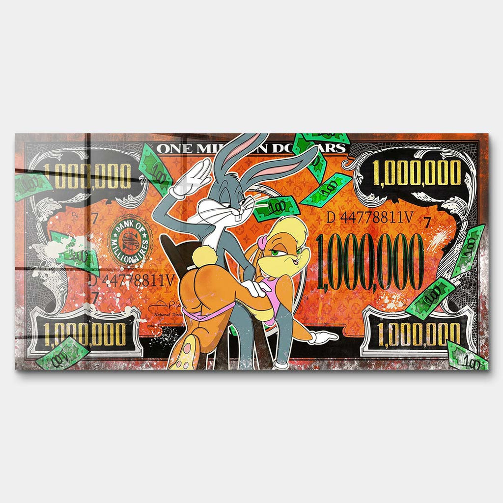 Obraz na szkle akrylowym w stylu pop art z animowaną parą, banknotem miliona dolarów i zielonymi pieniędzmi, kolorowy wydruk galeryjny.
