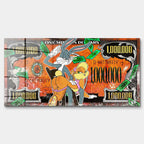 Obraz na szkle akrylowym w stylu pop art z animowaną parą, banknotem miliona dolarów i zielonymi pieniędzmi, kolorowy wydruk galeryjny.