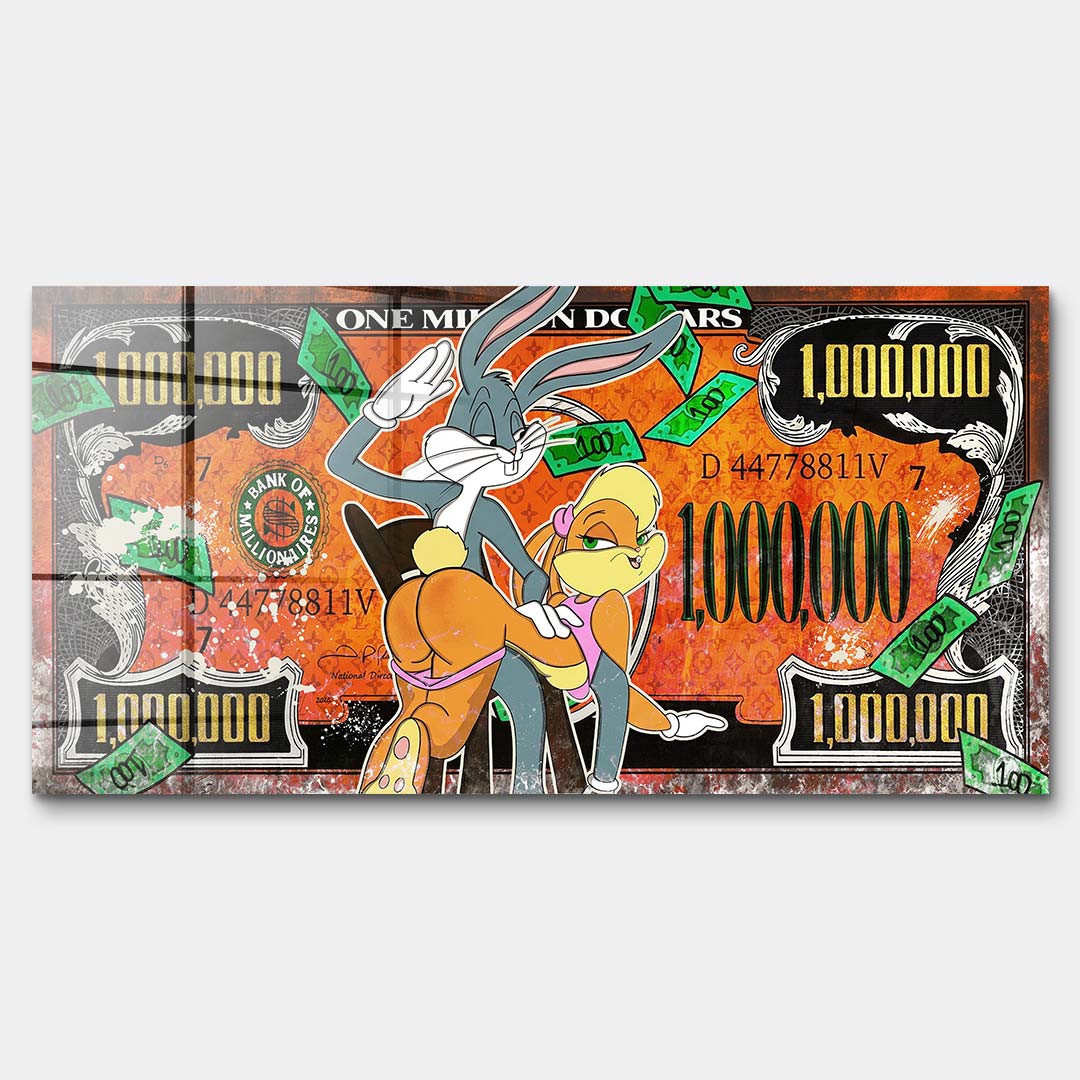 Obraz na szkle akrylowym w stylu pop art z animowaną parą, banknotem miliona dolarów i zielonymi pieniędzmi, kolorowy wydruk galeryjny.