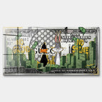 Obraz na szkle akrylowym Money Tunes z animowanymi sylwetkami, stosami banknotów i napisami No Grind No Shine, nowoczesny wydruk pop art.
