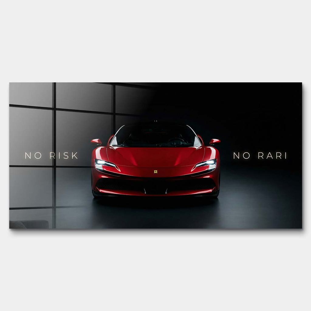 Obraz na szkle akrylowym z czerwonym supersamochodem i napisem No Risk No Rari, nowoczesny wydruk galeryjny do salonu, biura lub garażu.