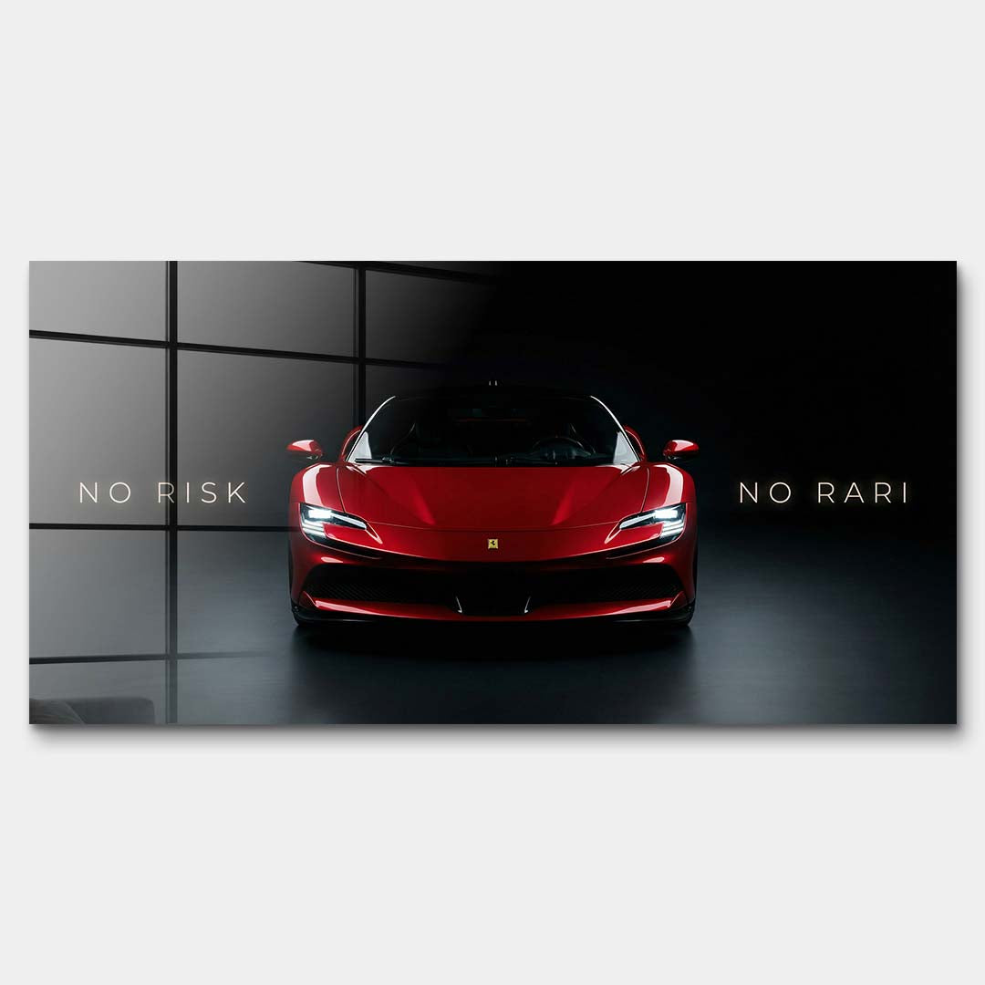 Obraz na szkle akrylowym z czerwonym supersamochodem i napisem No Risk No Rari, nowoczesny wydruk galeryjny do salonu, biura lub garażu.
