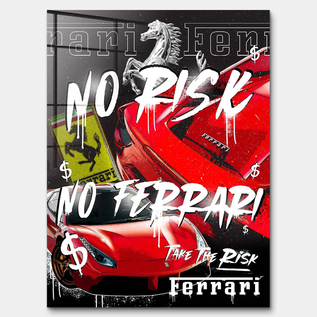 Obraz na szkle akrylowym z czerwonymi supersamochodami, motywem konia, graffiti i napisami No Risk, Take The Risk, sztuka nowoczesna.