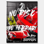 Obraz na szkle akrylowym z czerwonymi supersamochodami, motywem konia, graffiti i napisami No Risk, Take The Risk, sztuka nowoczesna.