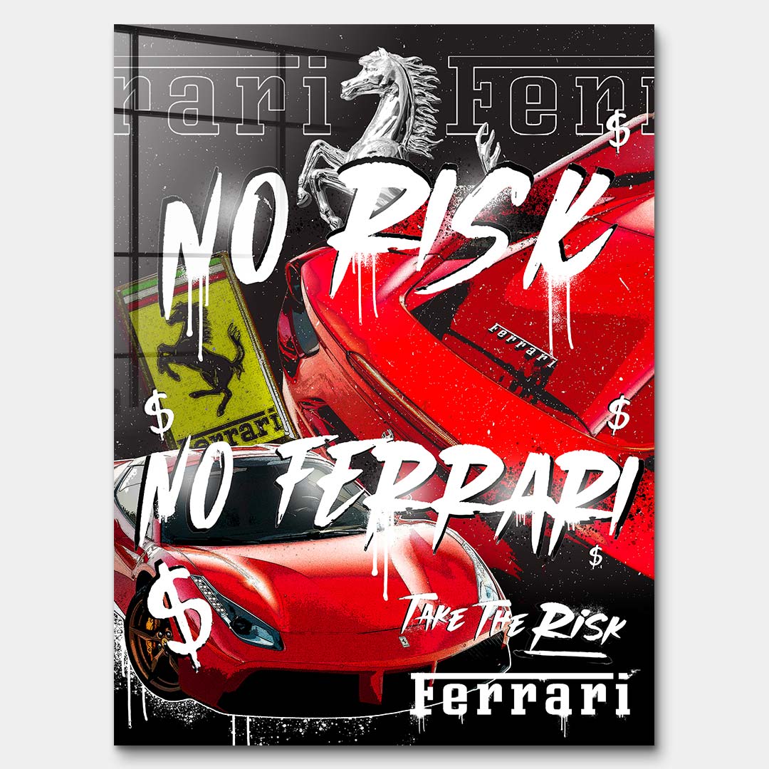 Obraz na szkle akrylowym z czerwonymi supersamochodami, motywem konia, graffiti i napisami No Risk, Take The Risk, sztuka nowoczesna.