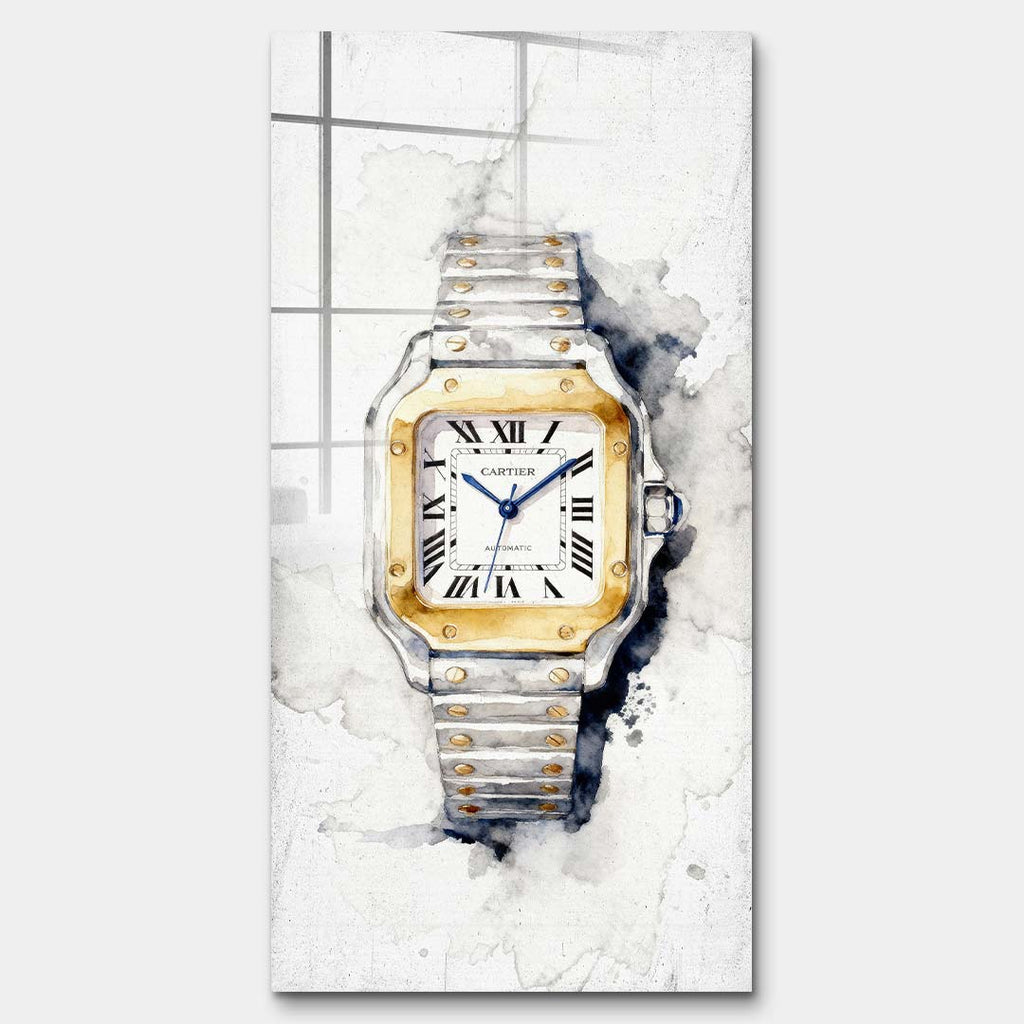 Obraz na szkle akrylowym Timeless Watch z luksusowym srebrno-złotym zegarkiem na jasnym akwarelowym tle, elegancki wydruk galeryjny.