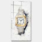 Obraz na szkle akrylowym Timeless Watch z luksusowym srebrno-złotym zegarkiem na jasnym akwarelowym tle, elegancki wydruk galeryjny.