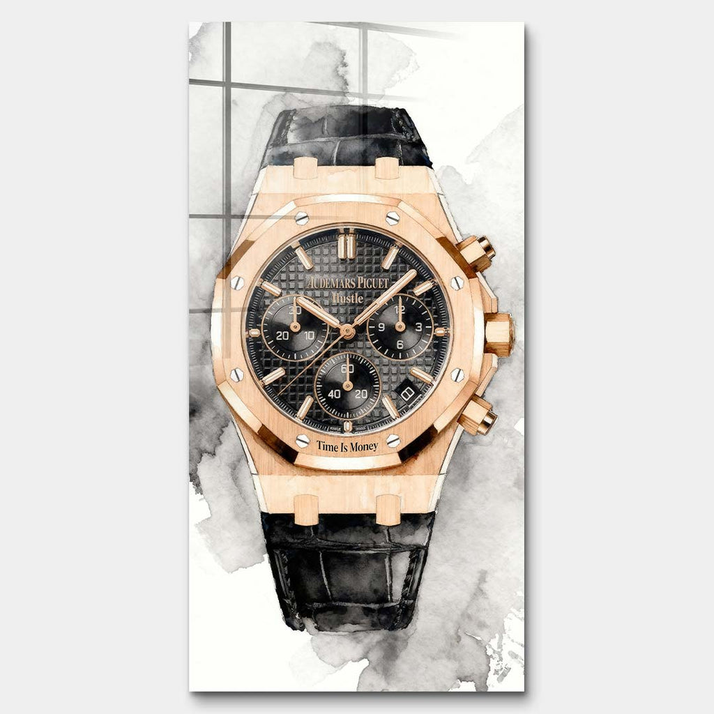 Obraz na szkle akrylowym Time Is Money z luksusowym zegarkiem na jasnym akwarelowym tle, elegancki wydruk galeryjny do biura i salonu.