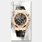 Obraz na szkle akrylowym Time Is Money z luksusowym zegarkiem na jasnym akwarelowym tle, elegancki wydruk galeryjny do biura i salonu.