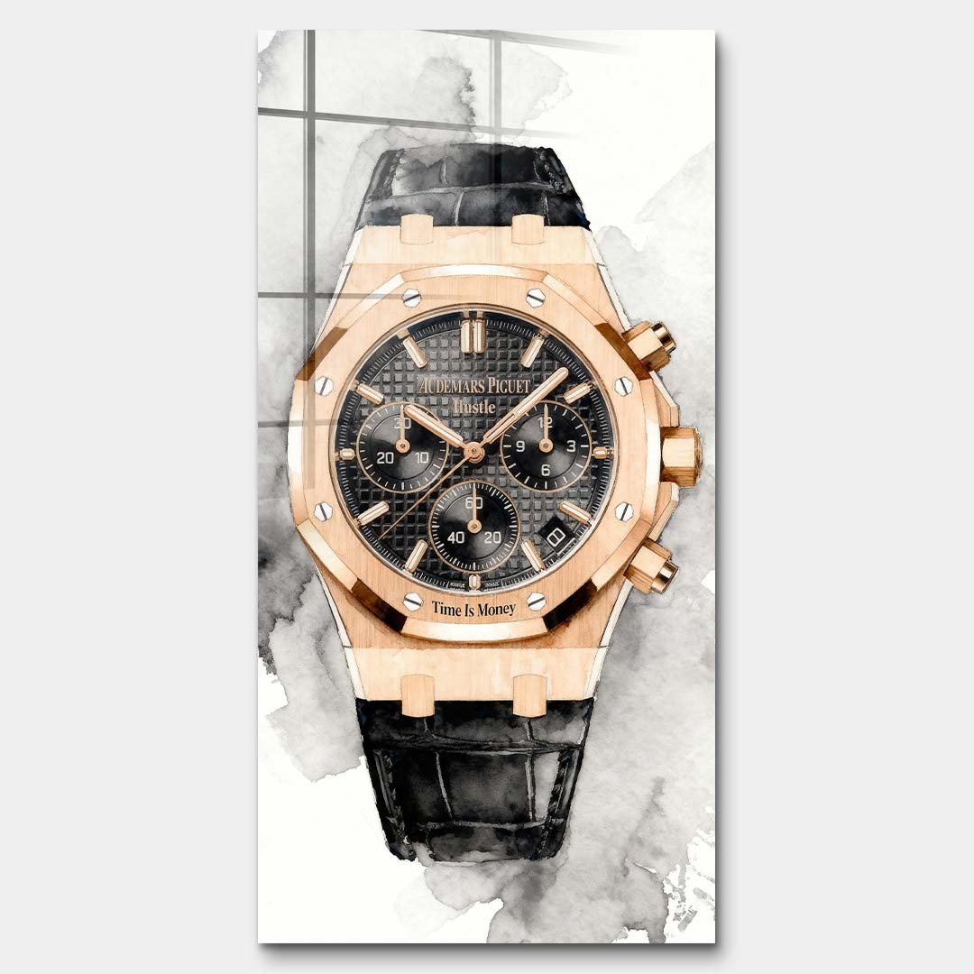 Obraz na szkle akrylowym Time Is Money z luksusowym zegarkiem na jasnym akwarelowym tle, elegancki wydruk galeryjny do biura i salonu.