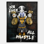 Obraz na płótnie No Luck All Hustle z kaczką, workami pieniędzy i graffiti, nowoczesny wydruk galeryjny w stylu street art.