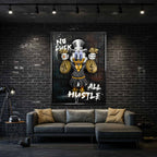 Obraz na płótnie No Luck All Hustle z kaczką, workami pieniędzy i graffiti, nowoczesny wydruk galeryjny w stylu street art.