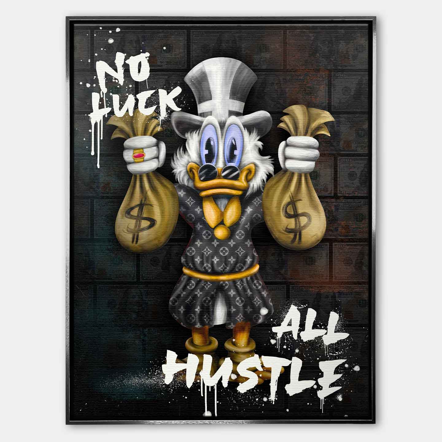 Obraz na płótnie No Luck All Hustle z kaczką, workami pieniędzy i graffiti, nowoczesny wydruk galeryjny w stylu street art.