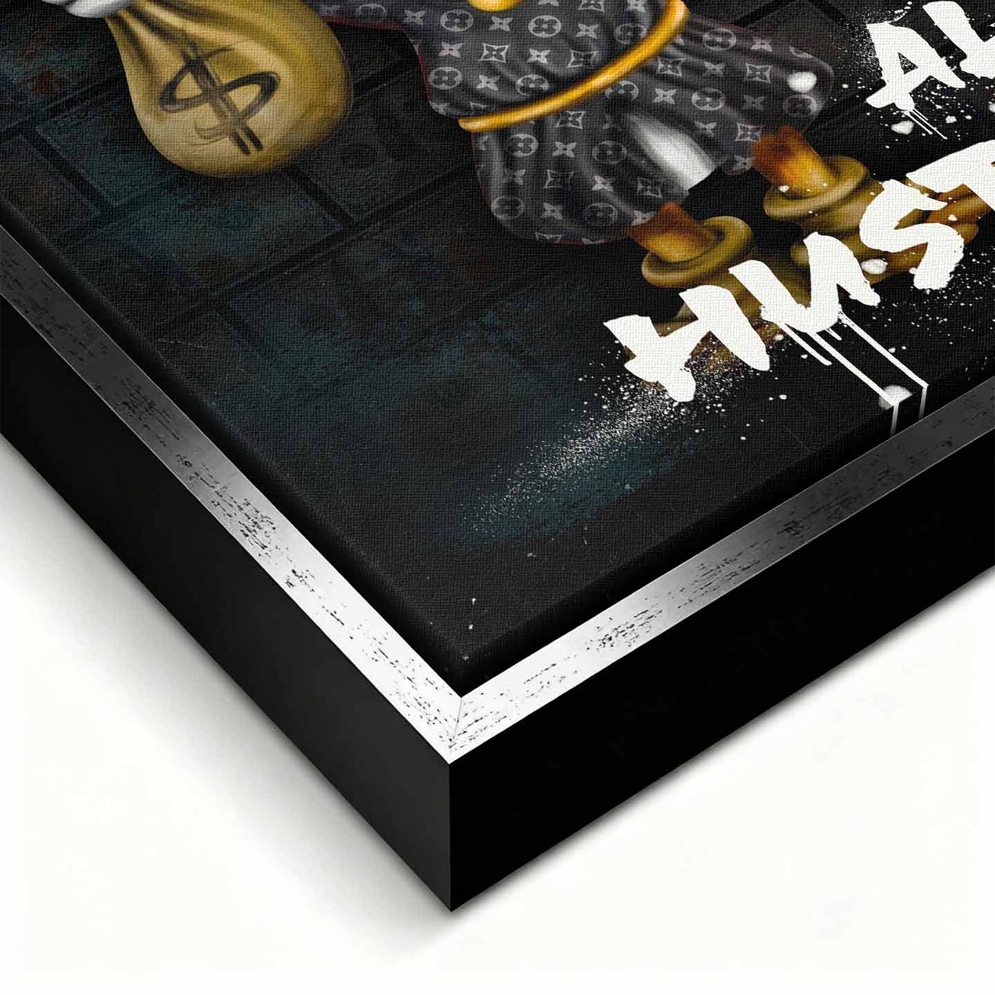 Obraz na płótnie No Luck All Hustle z kaczką, workami pieniędzy i graffiti, nowoczesny wydruk galeryjny w stylu street art.