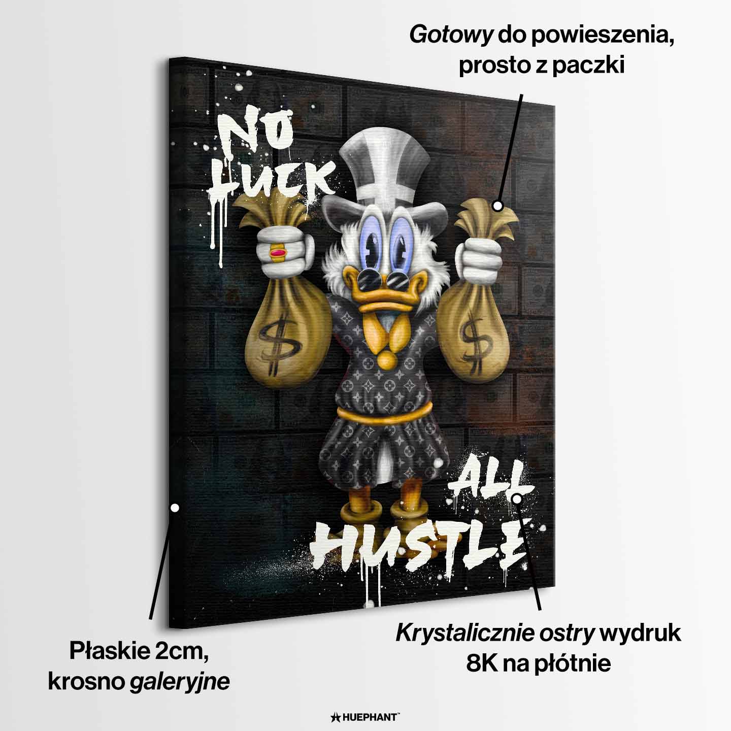 Obraz na płótnie No Luck All Hustle z kaczką, workami pieniędzy i graffiti, nowoczesny wydruk galeryjny w stylu street art.