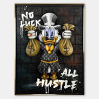 Obraz na płótnie No Luck All Hustle z kaczką, workami pieniędzy i graffiti, nowoczesny wydruk galeryjny w stylu street art.