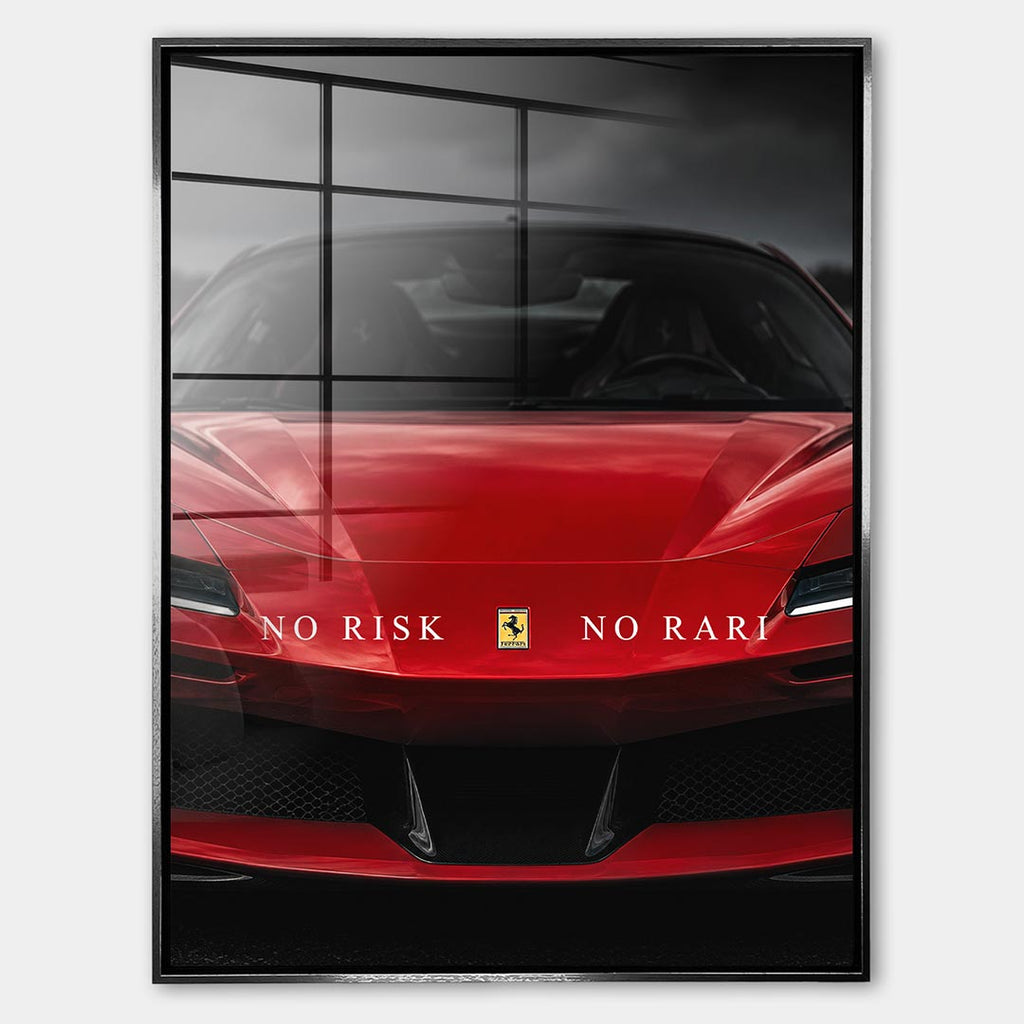 Obraz No Risk Red Supercar – Szkło akrylowe – Srebrna rama – Huephant