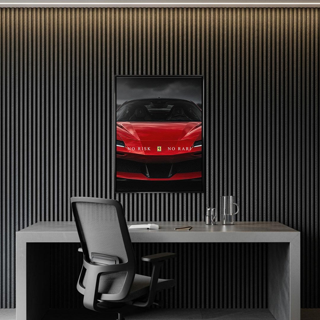 Obraz No Risk Red Supercar – czarna rama – aranżacja we wnętrzu – Huephant