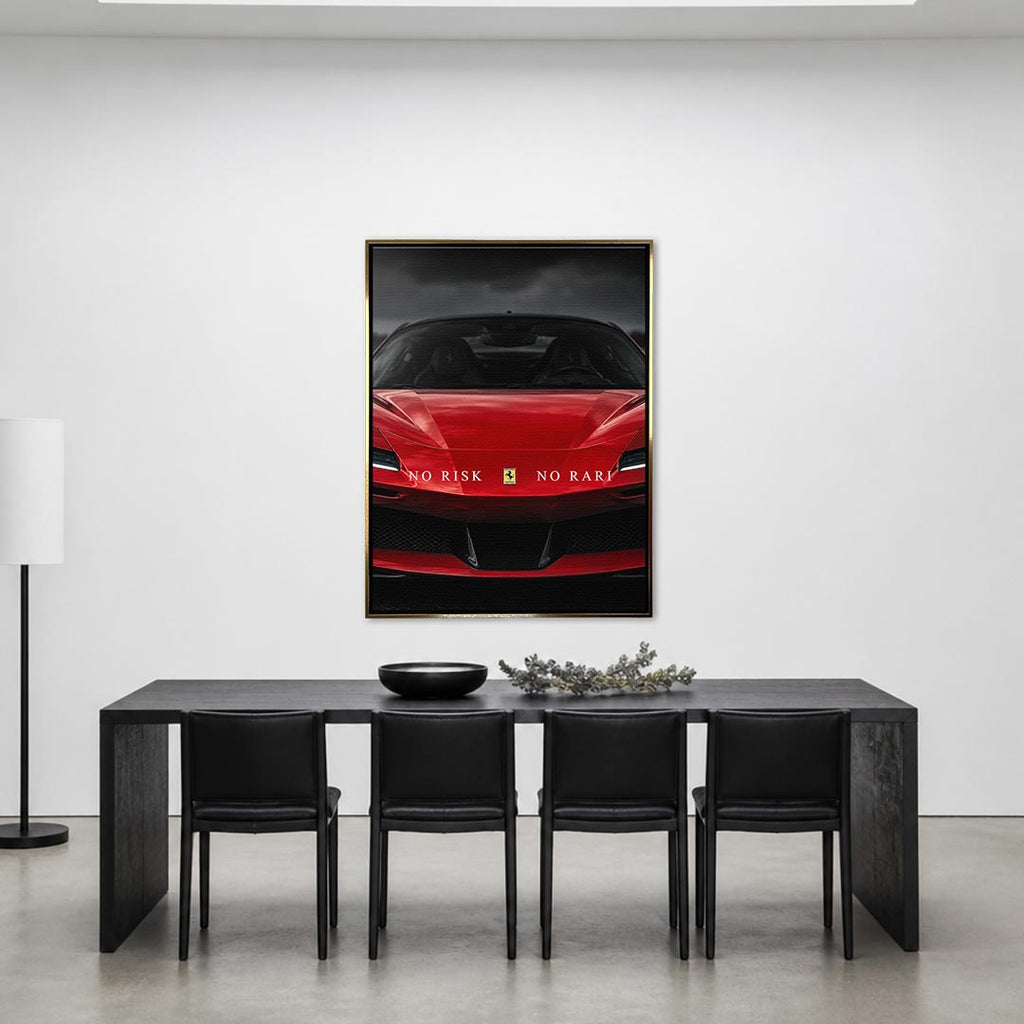Obraz No Risk Red Supercar – złota rama – aranżacja we wnętrzu – Huephant