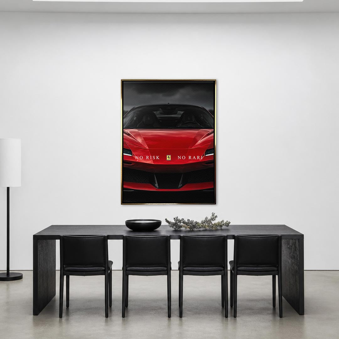 Obraz No Risk Red Supercar – złota rama – aranżacja we wnętrzu – Huephant