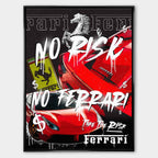 Obraz na płótnie z czerwonymi supersamochodami, motywem konia, graffiti i napisami No Risk, Take The Risk, sztuka nowoczesna.