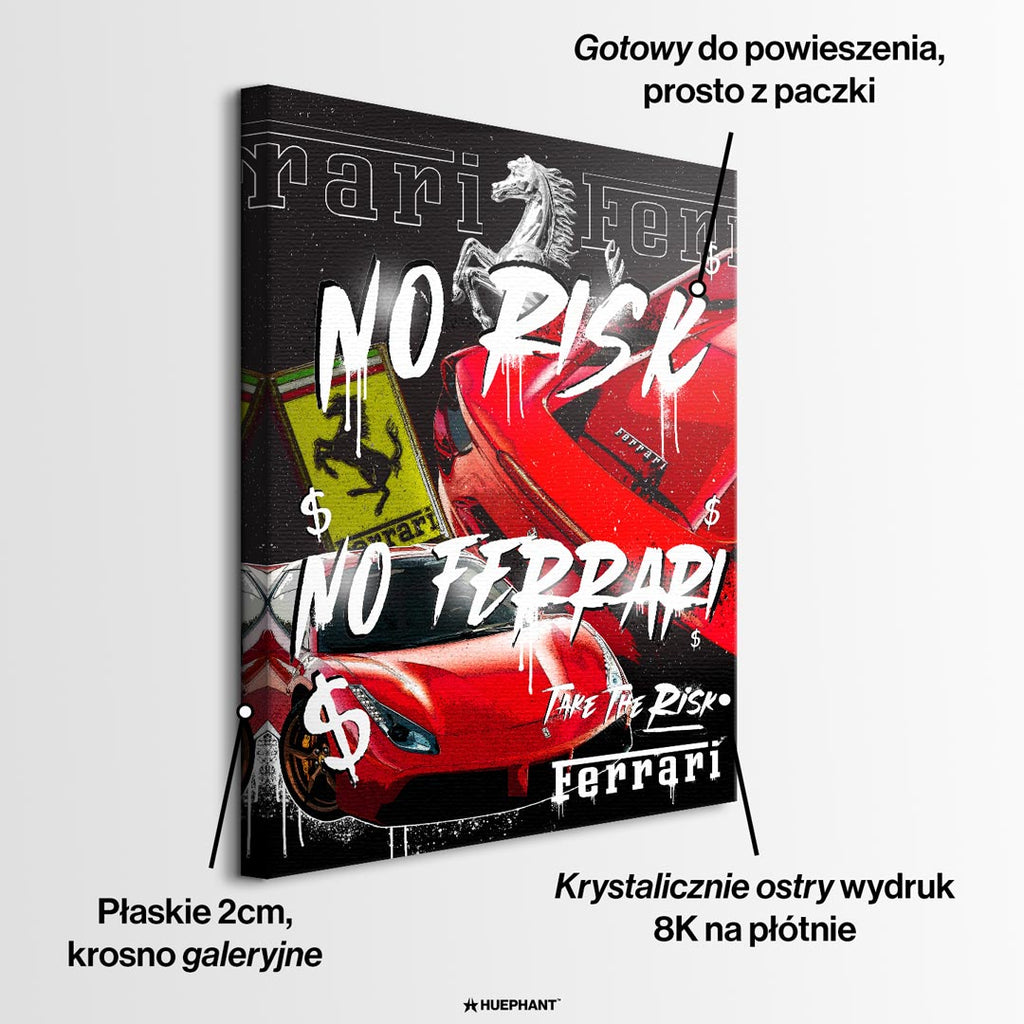 Obraz na płótnie z czerwonymi supersamochodami, motywem konia, graffiti i napisami No Risk, Take The Risk, sztuka nowoczesna.