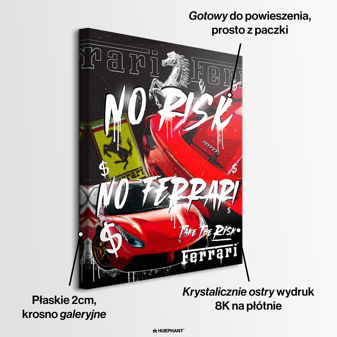 Obraz na płótnie z czerwonymi supersamochodami, motywem konia, graffiti i napisami No Risk, Take The Risk, sztuka nowoczesna.