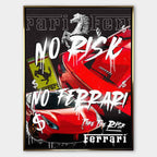 Obraz na płótnie z czerwonymi supersamochodami, motywem konia, graffiti i napisami No Risk, Take The Risk, sztuka nowoczesna.