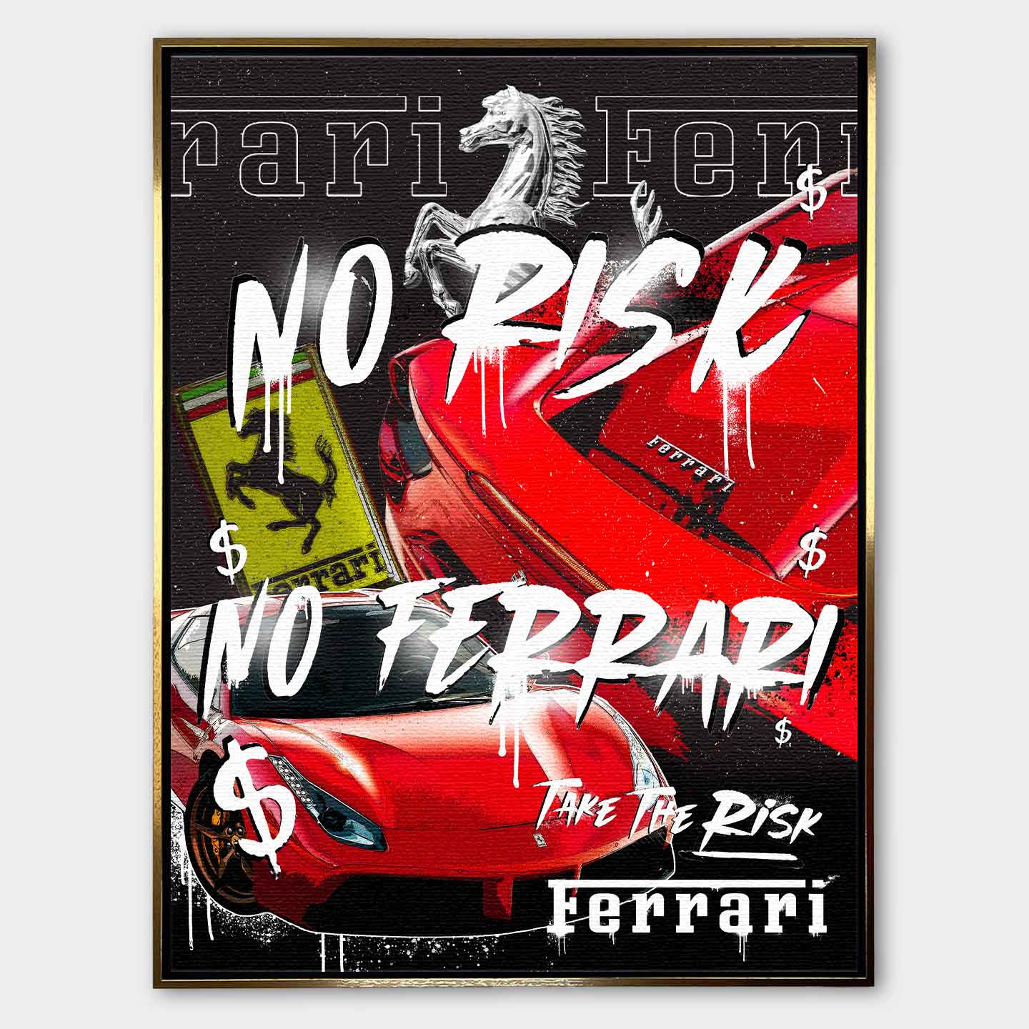 Obraz na płótnie z czerwonymi supersamochodami, motywem konia, graffiti i napisami No Risk, Take The Risk, sztuka nowoczesna.
