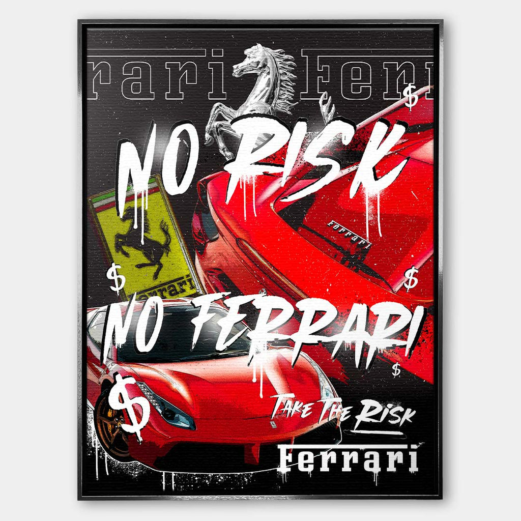Obraz na płótnie z czerwonymi supersamochodami, motywem konia, graffiti i napisami No Risk, Take The Risk, sztuka nowoczesna.