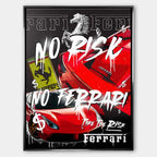 Obraz na płótnie z czerwonymi supersamochodami, motywem konia, graffiti i napisami No Risk, Take The Risk, sztuka nowoczesna.