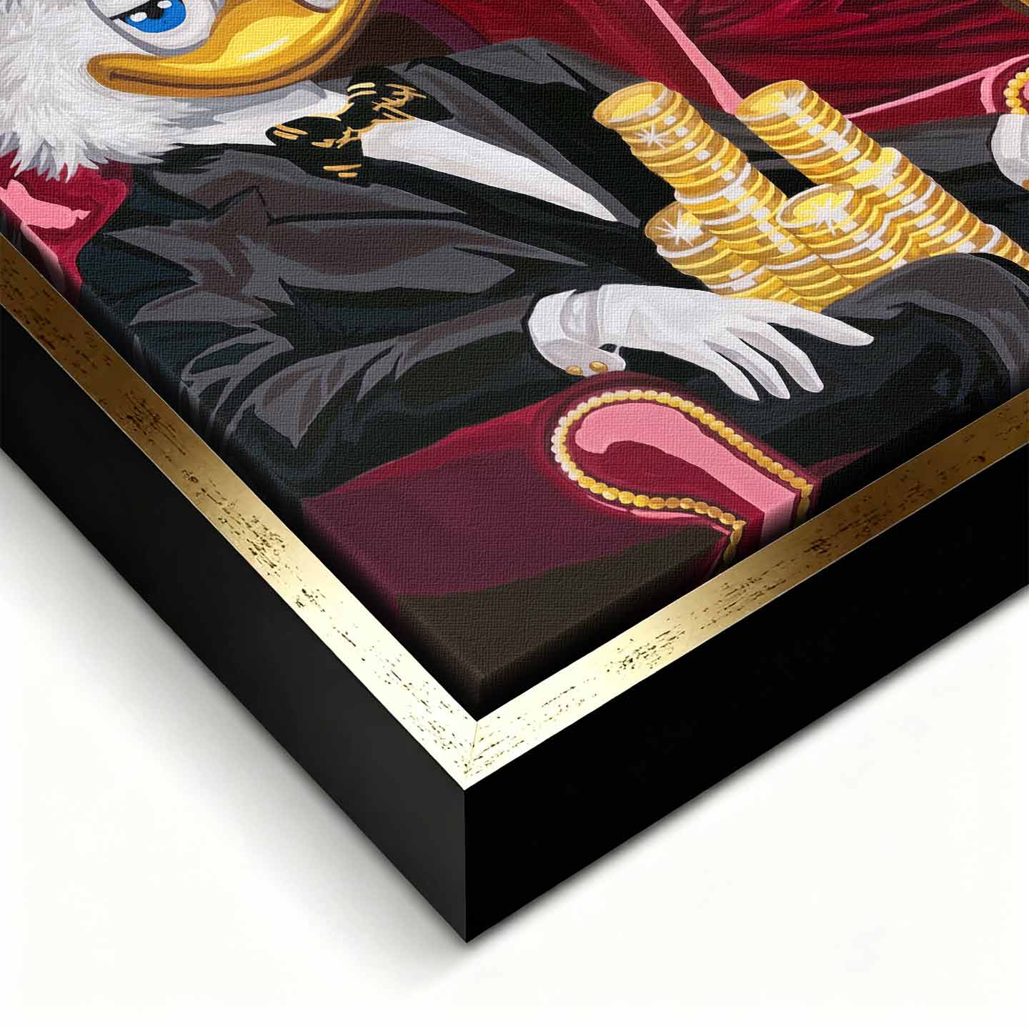Obraz na płótnie Old Money Duck – elegancka para kaczek, złote monety i czerwone wnętrze w stylu pop art, nowoczesny wydruk galeryjny.